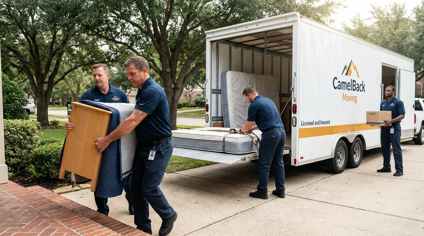 Crew loading residential truck for cross-state move from Huntsville, MO