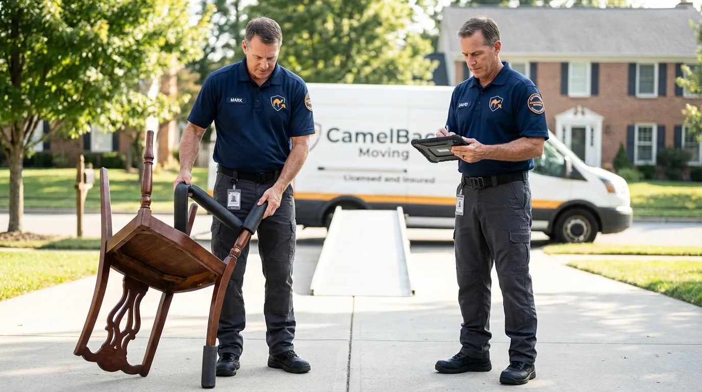 Movers inspecting furniture for damage prevention before loading in Huntsville, MO