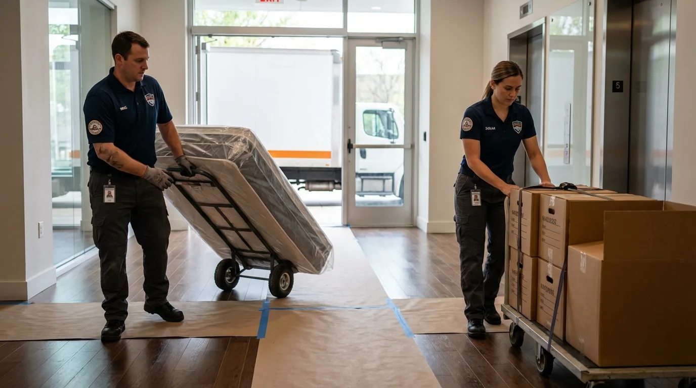 Professional apartment movers loading elevator in Huntsville, MO
